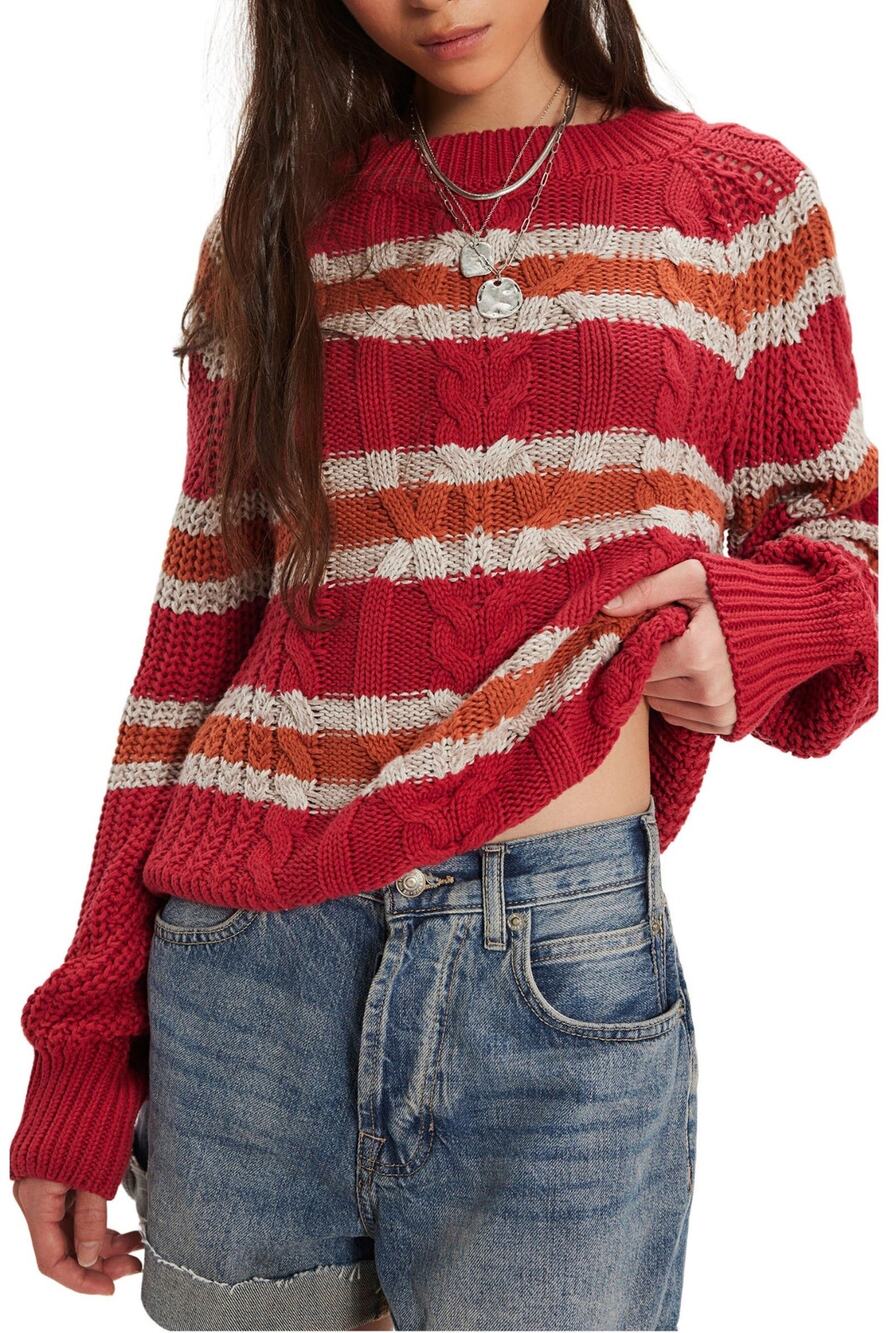 Free People "Frankie" Striped Cable Knit Cotton Sweater Red Combo, Size M